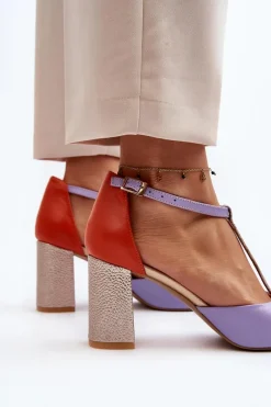 Outlet Skórzane Sandały Na Słupku 2759 Fioletowe Damskie Sandały Na Słupku|Sandały Na Obcasie