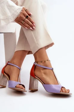 Outlet Skórzane Sandały Na Słupku 2759 Fioletowe Damskie Sandały Na Słupku|Sandały Na Obcasie