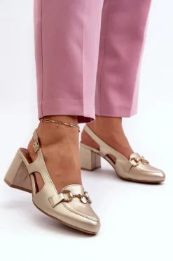 Sale Skórzane Sandały Na Słupku 06419-25 Złote Damskie Sandały Na Słupku|Sandały Na Obcasie