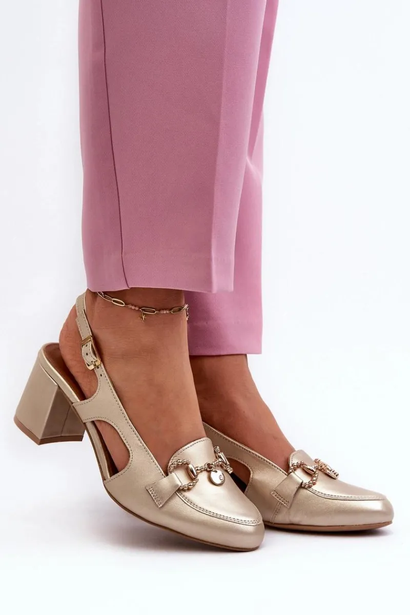 Sale Skórzane Sandały Na Słupku 06419-25 Złote Damskie Sandały Na Słupku|Sandały Na Obcasie