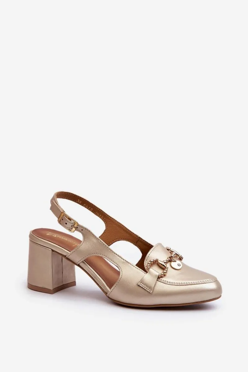 Sale Skórzane Sandały Na Słupku 06419-25 Złote Damskie Sandały Na Słupku|Sandały Na Obcasie