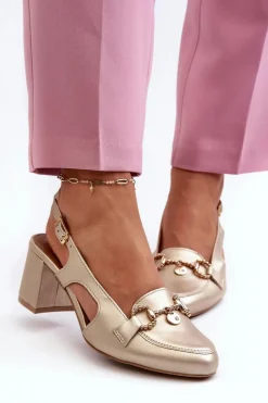 Sale Skórzane Sandały Na Słupku 06419-25 Złote Damskie Sandały Na Słupku|Sandały Na Obcasie