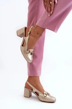 Sale Skórzane Sandały Na Słupku 06419-25 Złote Damskie Sandały Na Słupku|Sandały Na Obcasie