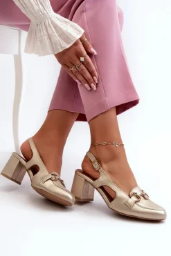 Sale Skórzane Sandały Na Słupku 06419-25 Złote Damskie Sandały Na Słupku|Sandały Na Obcasie