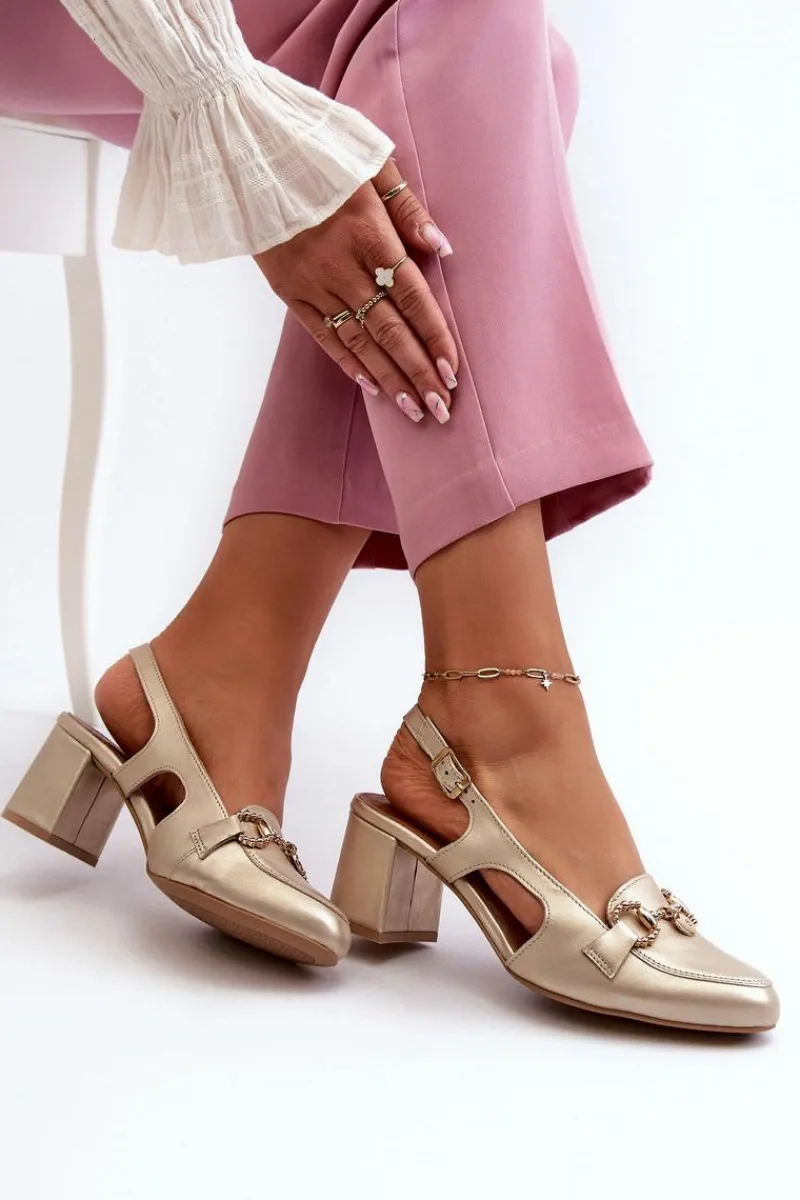 Sale Skórzane Sandały Na Słupku 06419-25 Złote Damskie Sandały Na Słupku|Sandały Na Obcasie