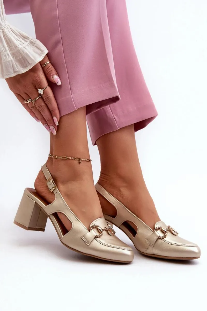 Sale Skórzane Sandały Na Słupku 06419-25 Złote Damskie Sandały Na Słupku|Sandały Na Obcasie