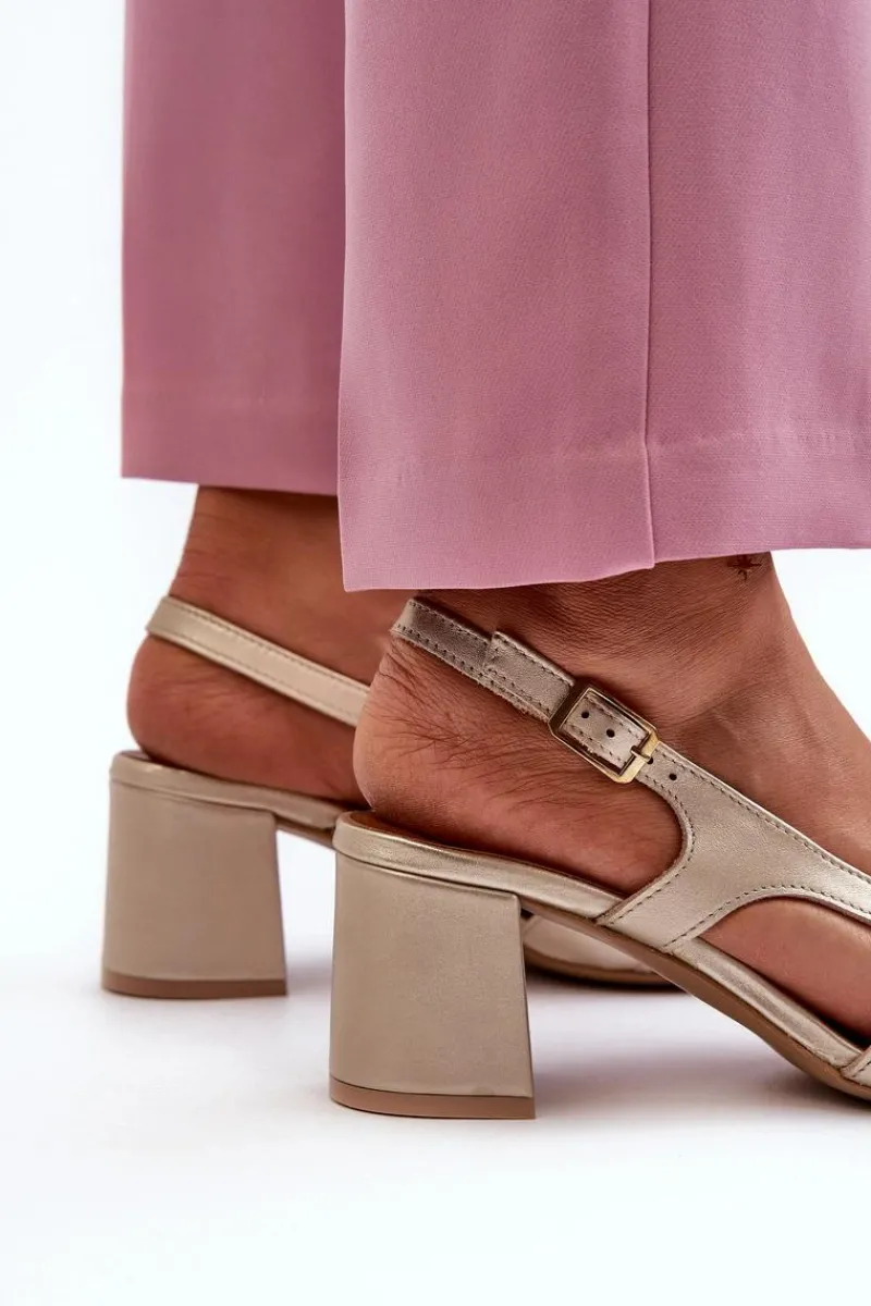 Sale Skórzane Sandały Na Słupku 06419-25 Złote Damskie Sandały Na Słupku|Sandały Na Obcasie