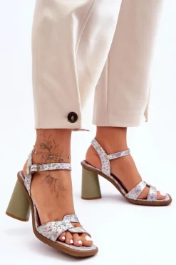 Hot Maciejka Skórzane Sandały Na Słupku 06029-24 Biało-Zielone Biały