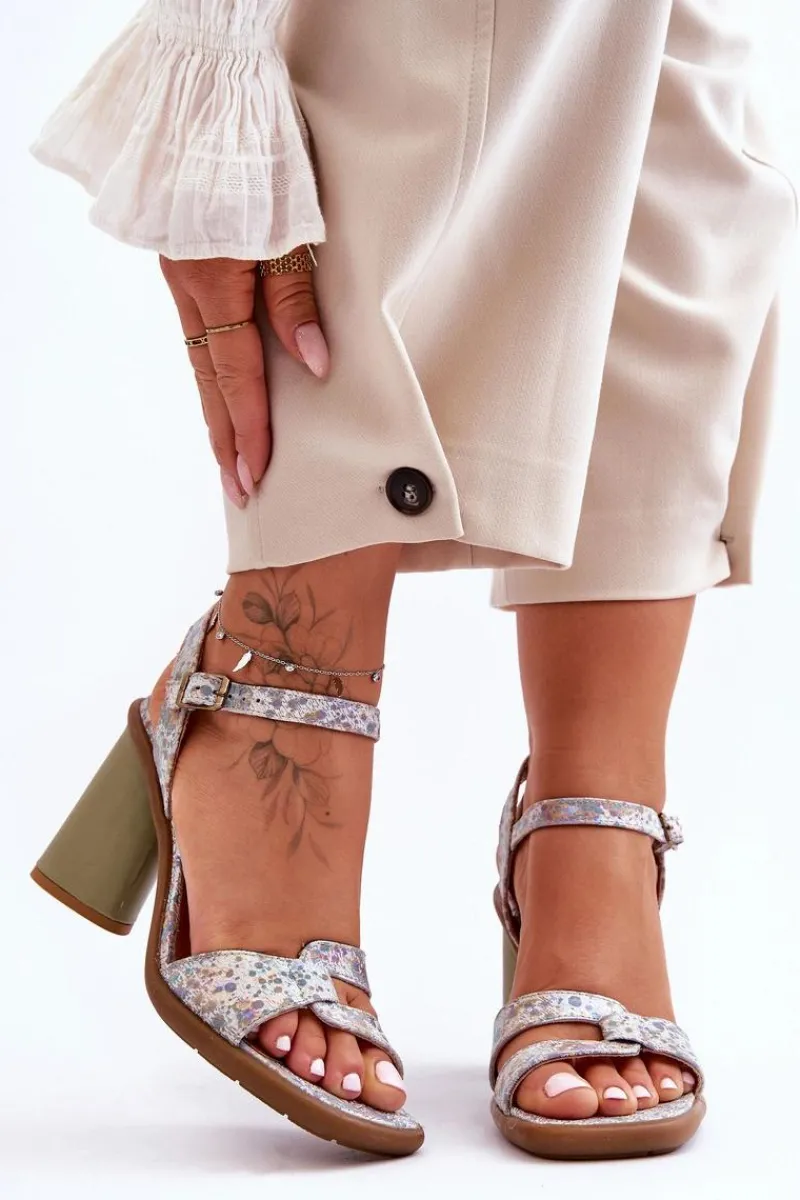 Hot Maciejka Skórzane Sandały Na Słupku 06029-24 Biało-Zielone Biały