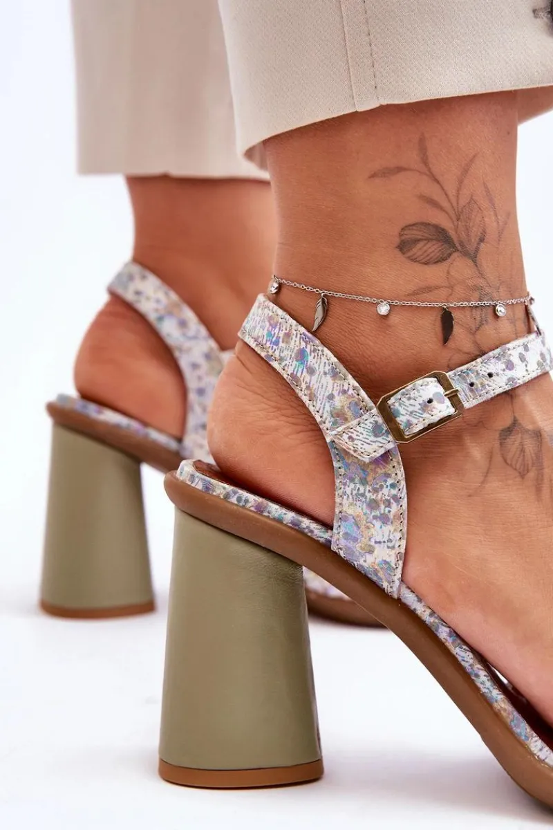 Hot Maciejka Skórzane Sandały Na Słupku 06029-24 Biało-Zielone Biały