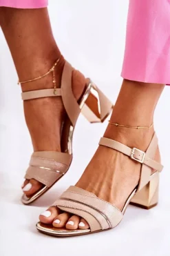 Skórzane Sandały Na Słupku Różowo-Złote Corane Damskie Sandały Na Obcasie