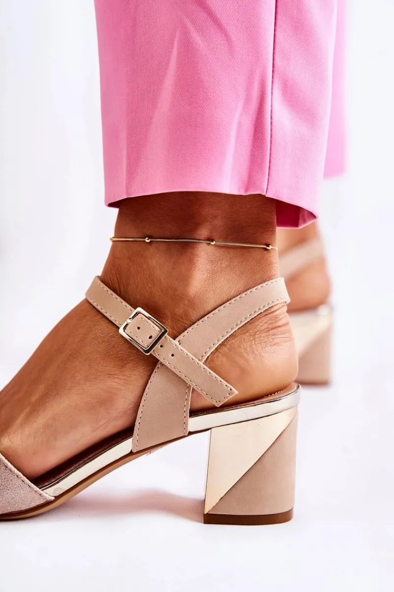 Skórzane Sandały Na Słupku Różowo-Złote Corane Damskie Sandały Na Obcasie