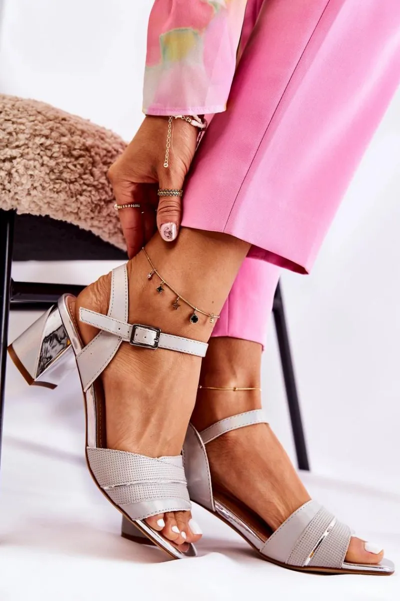 Sandały Na Obcasie>Buty Sergio Leone Skórzane Sandały Na Słupku Srebrne Corane