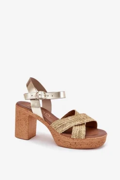 Best Skórzane Sandały Na Słupku Z Plecionką Na Paskach 40460 Złote Damskie Sandały Na Słupku|Sandały Na Obcasie