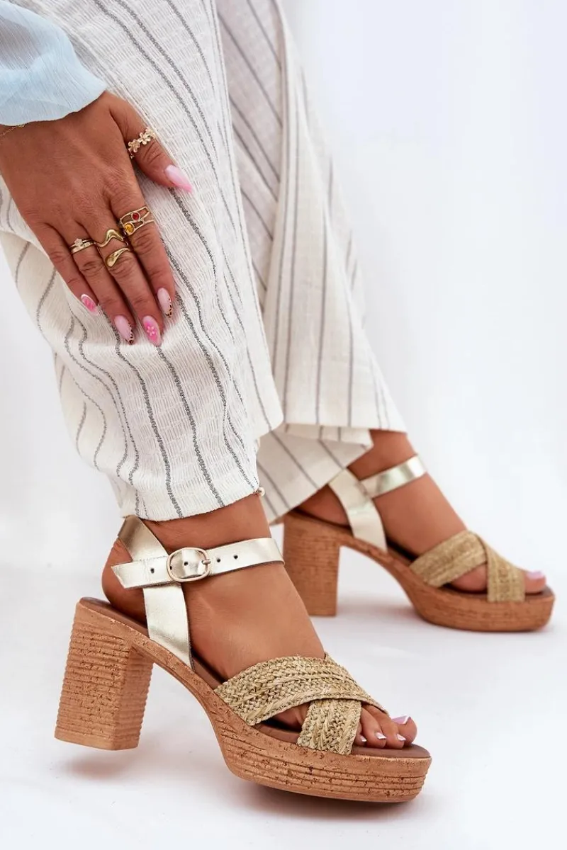 Best Skórzane Sandały Na Słupku Z Plecionką Na Paskach 40460 Złote Damskie Sandały Na Słupku|Sandały Na Obcasie