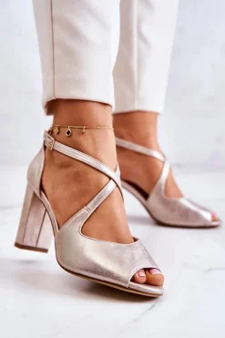 Sandały Na Obcasie>Buty Sergio Leone Skórzane Sandały Na Słupku Złote Lorita