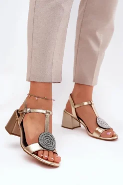 Best Damskie buty S.Barski Skórzane Sandały Na Słupku Z Ozdobą D&A JC51-842 Złote Złoty
