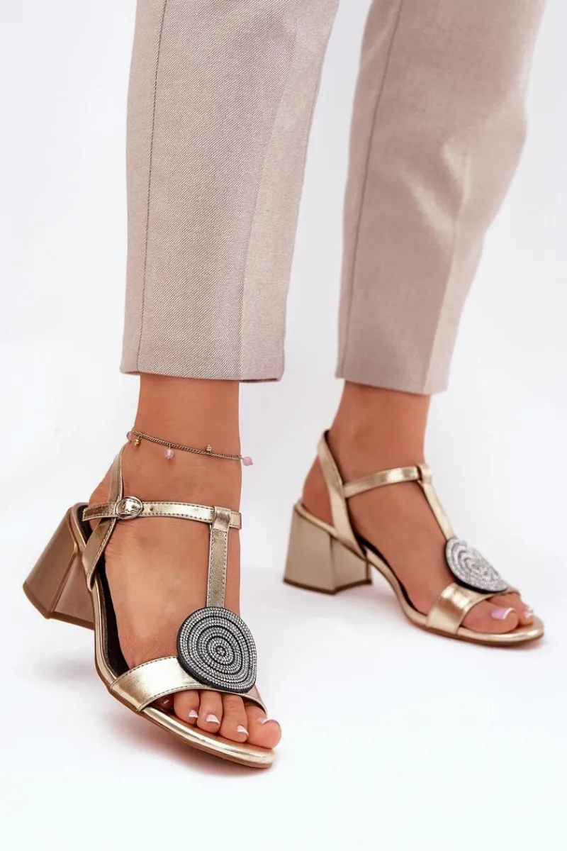 Best Damskie buty S.Barski Skórzane Sandały Na Słupku Z Ozdobą D&A JC51-842 Złote Złoty