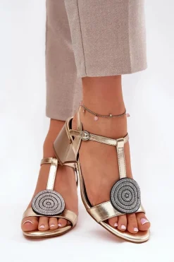 Best Damskie buty S.Barski Skórzane Sandały Na Słupku Z Ozdobą D&A JC51-842 Złote Złoty