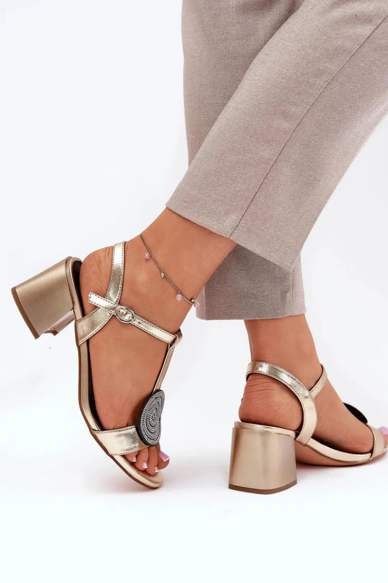 Best Damskie buty S.Barski Skórzane Sandały Na Słupku Z Ozdobą D&A JC51-842 Złote Złoty