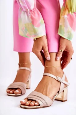 Outlet Buty Sergio Leone Skórzane Sandały Na Słupku Złoty Beż Corane