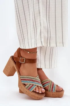 Sale Zazoo Skórzane Sandały Na Słupku Z Plecionką Na Paskach 40460 Brązowe Brązowy