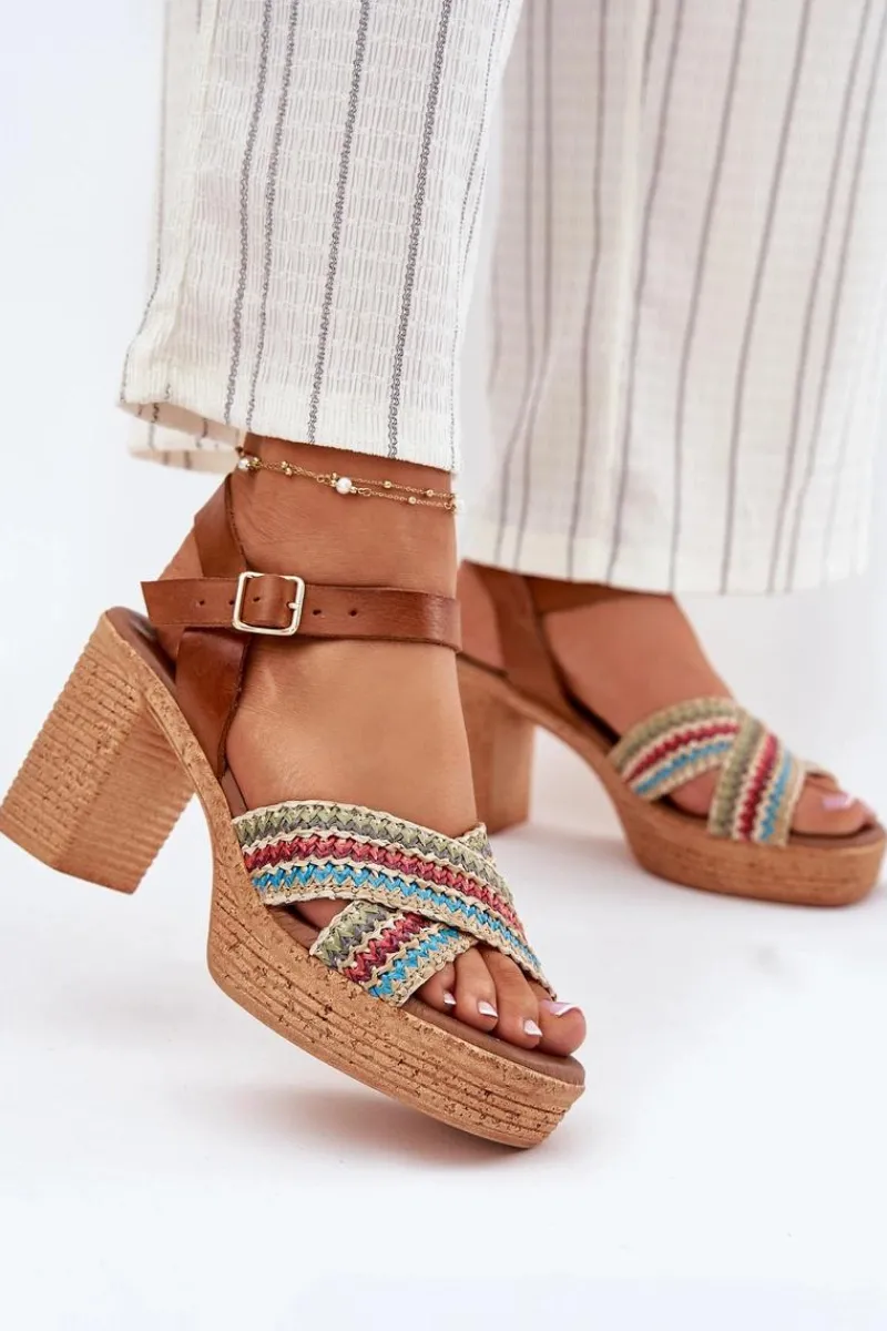 Sale Zazoo Skórzane Sandały Na Słupku Z Plecionką Na Paskach 40460 Brązowe Brązowy