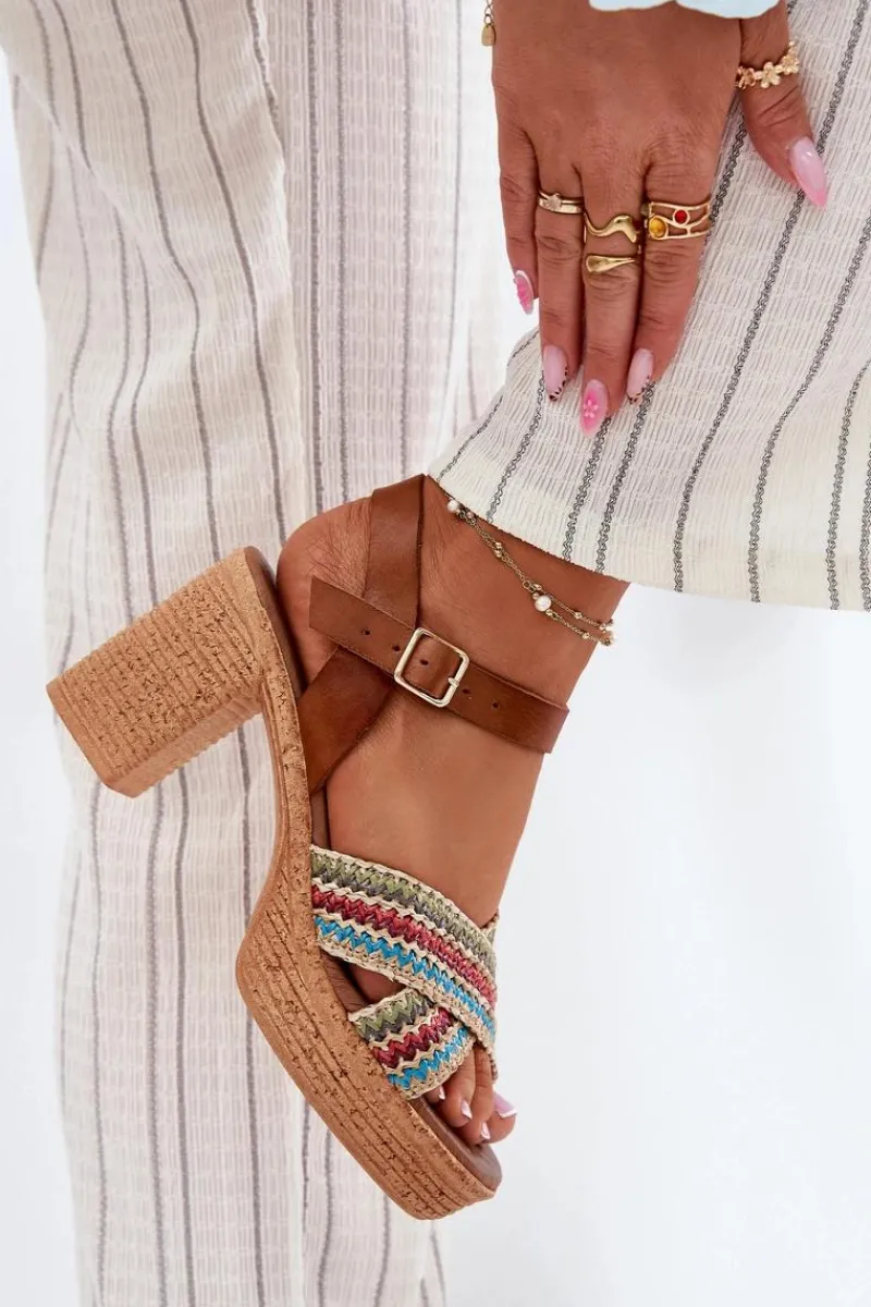 Sale Zazoo Skórzane Sandały Na Słupku Z Plecionką Na Paskach 40460 Brązowe Brązowy