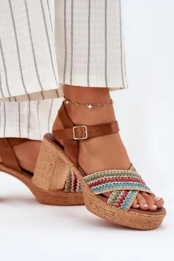 Sale Zazoo Skórzane Sandały Na Słupku Z Plecionką Na Paskach 40460 Brązowe Brązowy
