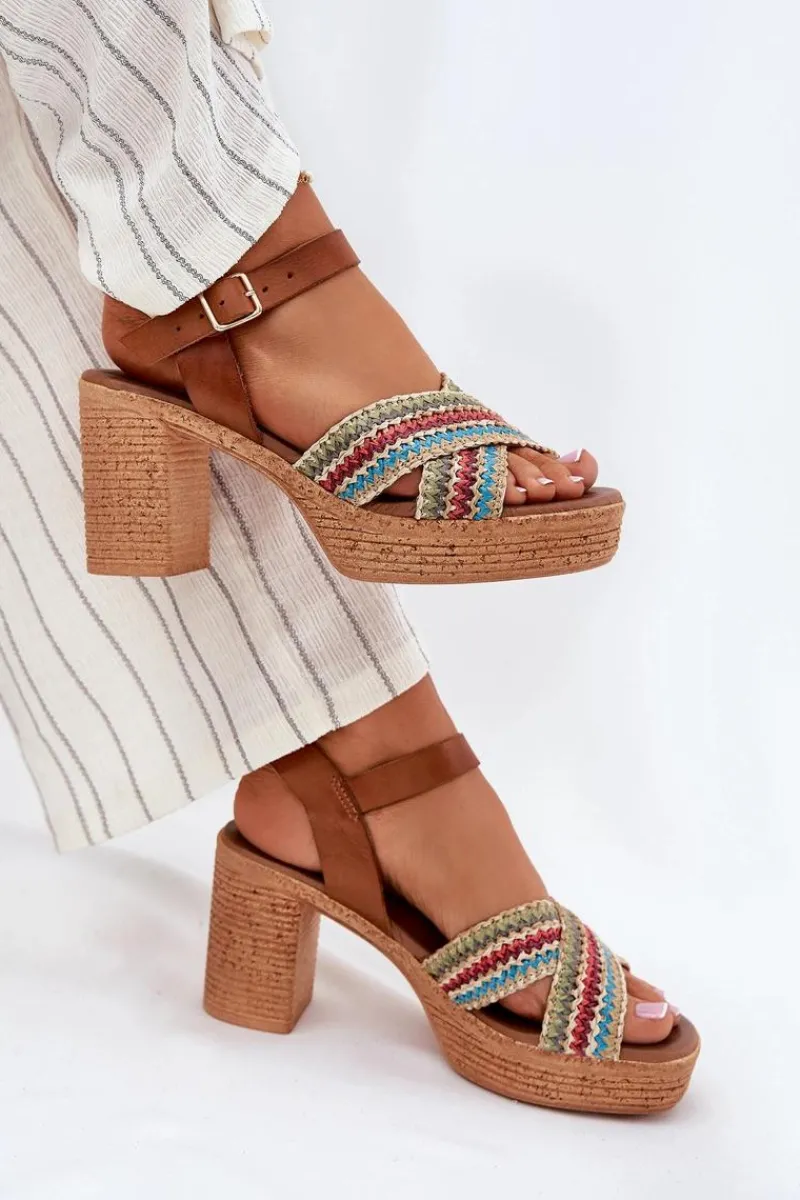 Sale Zazoo Skórzane Sandały Na Słupku Z Plecionką Na Paskach 40460 Brązowe Brązowy