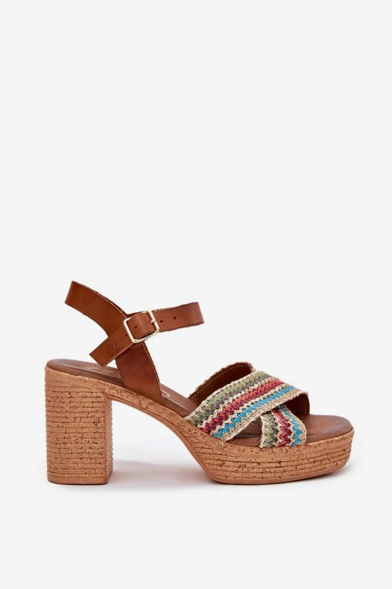 Sale Zazoo Skórzane Sandały Na Słupku Z Plecionką Na Paskach 40460 Brązowe Brązowy