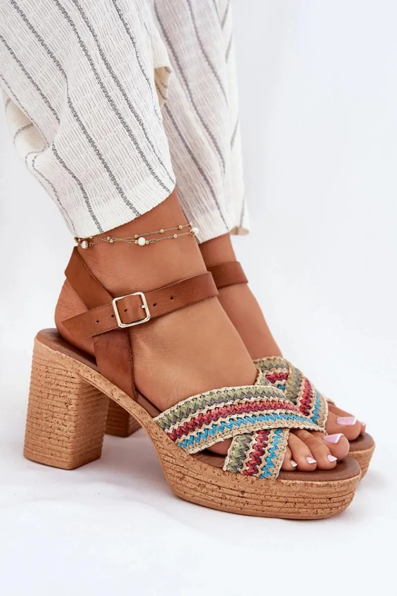 Sale Zazoo Skórzane Sandały Na Słupku Z Plecionką Na Paskach 40460 Brązowe Brązowy