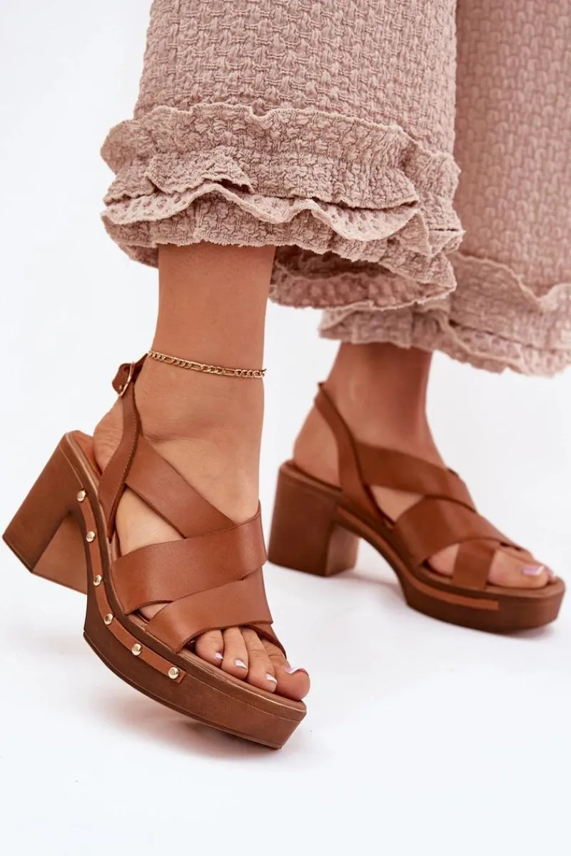 Outlet Skórzane Sandały Na Słupku 1081 Brązowe Damskie Sandały Na Słupku|Sandały Na Obcasie