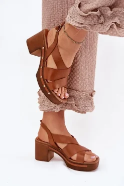 Outlet Skórzane Sandały Na Słupku 1081 Brązowe Damskie Sandały Na Słupku|Sandały Na Obcasie