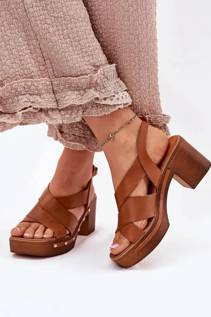 Outlet Skórzane Sandały Na Słupku 1081 Brązowe Damskie Sandały Na Słupku|Sandały Na Obcasie