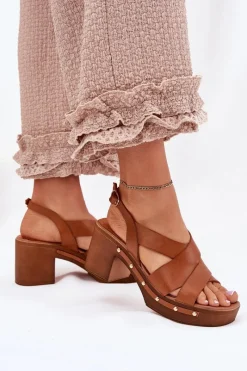 Outlet Skórzane Sandały Na Słupku 1081 Brązowe Damskie Sandały Na Słupku|Sandały Na Obcasie