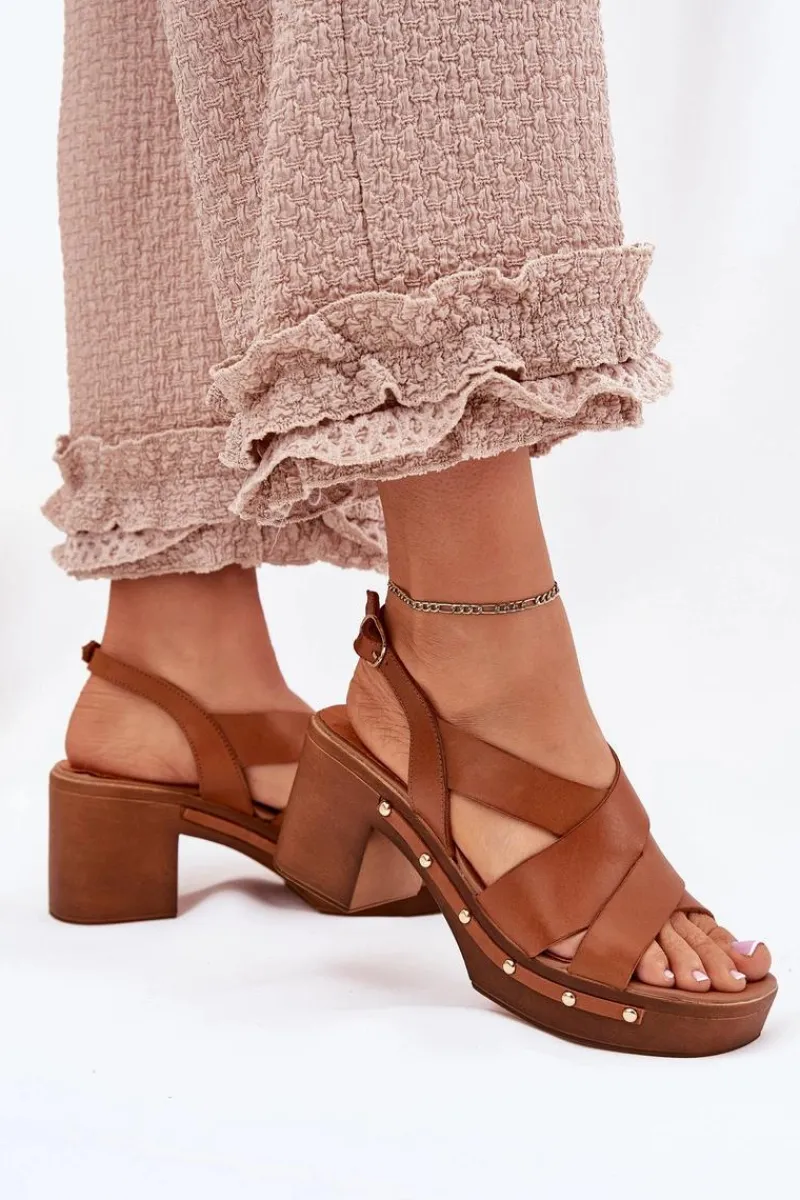 Outlet Skórzane Sandały Na Słupku 1081 Brązowe Damskie Sandały Na Słupku|Sandały Na Obcasie