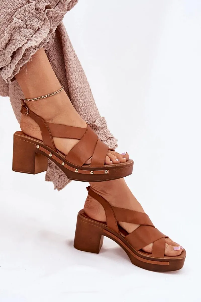 Outlet Skórzane Sandały Na Słupku 1081 Brązowe Damskie Sandały Na Słupku|Sandały Na Obcasie