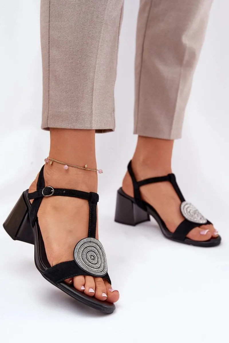 Discount Skórzane Sandały Na Słupku Z Ozdobą D&A JC51-842 Czarne Damskie Sandały Na Słupku|Sandały Na Obcasie
