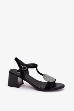 Discount Skórzane Sandały Na Słupku Z Ozdobą D&A JC51-842 Czarne Damskie Sandały Na Słupku|Sandały Na Obcasie