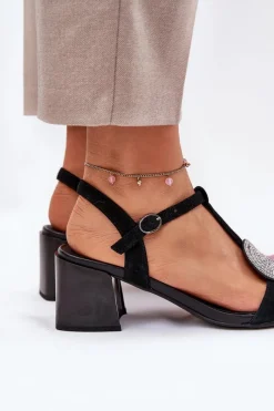 Discount Skórzane Sandały Na Słupku Z Ozdobą D&A JC51-842 Czarne Damskie Sandały Na Słupku|Sandały Na Obcasie
