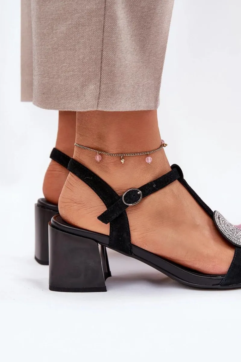 Discount Skórzane Sandały Na Słupku Z Ozdobą D&A JC51-842 Czarne Damskie Sandały Na Słupku|Sandały Na Obcasie