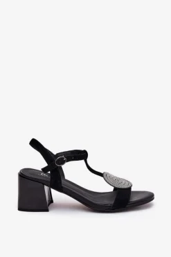 Discount Skórzane Sandały Na Słupku Z Ozdobą D&A JC51-842 Czarne Damskie Sandały Na Słupku|Sandały Na Obcasie