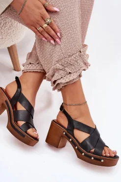 Sandały Na Słupku|Sandały Na Obcasie>Zazoo Skórzane Sandały Na Słupku 1081 Czarne Czarny