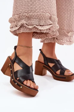 Sandały Na Słupku|Sandały Na Obcasie>Zazoo Skórzane Sandały Na Słupku 1081 Czarne Czarny