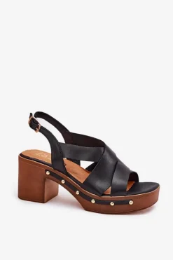Sandały Na Słupku|Sandały Na Obcasie></noscript>Zazoo Skórzane Sandały Na Słupku 1081 Czarne Czarny