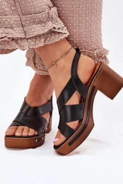 Sandały Na Słupku|Sandały Na Obcasie></noscript>Zazoo Skórzane Sandały Na Słupku 1081 Czarne Czarny