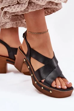 Sandały Na Słupku|Sandały Na Obcasie></noscript>Zazoo Skórzane Sandały Na Słupku 1081 Czarne Czarny
