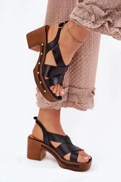 Sandały Na Słupku|Sandały Na Obcasie></noscript>Zazoo Skórzane Sandały Na Słupku 1081 Czarne Czarny