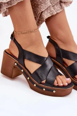 Sandały Na Słupku|Sandały Na Obcasie></noscript>Zazoo Skórzane Sandały Na Słupku 1081 Czarne Czarny